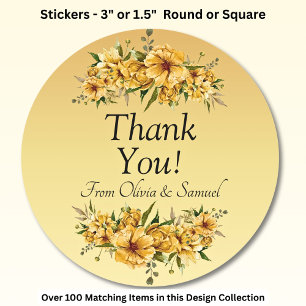 Dank je! Bruid, Bruidegom Namen Gouden Gele Bloem Ronde Sticker