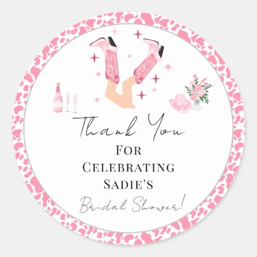 Dank je Cowboylaarzen & Mousserende Wijn Bruidsdou Ronde Sticker (Voorkant)