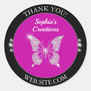 Dank Je, Diamond Butterfly, Zwart & Fuchsia Ronde Sticker