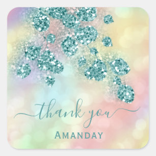 Dank je Holografisch Roze Bloem Glitter Turquoise Vierkante Sticker