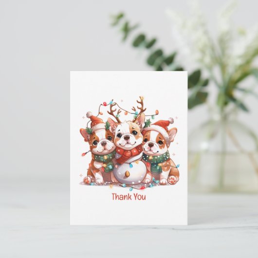 Dank je Kerstmis Engelse Bulldog Rendier Kerstman Briefkaart (Staand voorkant)
