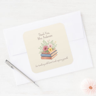 Dank je leraar - Waterverf Boeken & Bloemen - Vierkante Sticker