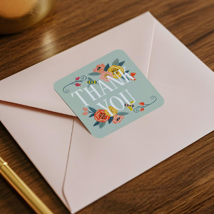 Dank je   Levendige Bloemen Wildbloemen & Honingbi Vierkante Sticker