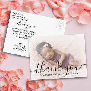 dank je , modern script , foto van pasgeboren baby briefkaart