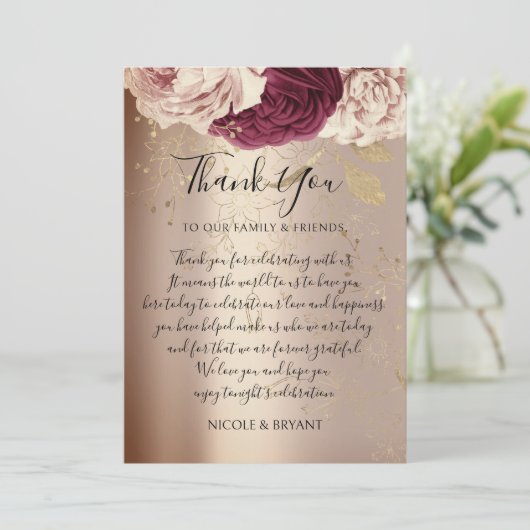 Dank JE Monogram Roze Bloemen Marsala Rose Goud Kaart (Staand voorkant)