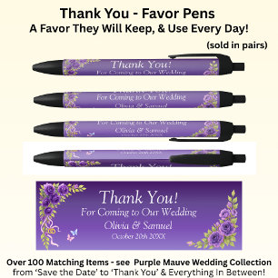 Dank je, Paarse Mauve Bloemen & Witte Bruiloft  Zwarte Inkt Pen