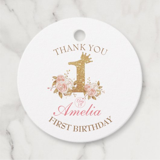 Dank je Pink Gold Crown Princess 1e verjaardag Bedankjes Labels (Voorkant)