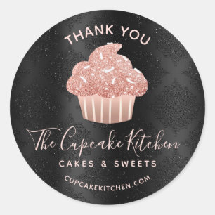Dank je Rose Gold Cupcake Bakkerij Zwart Damast Ronde Sticker