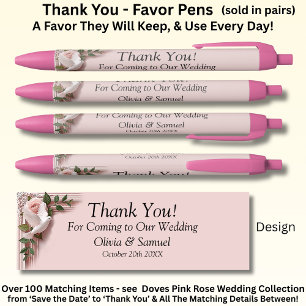 Dank je, Roze Rozen & Duiven Bruiloft Zwarte Inkt Pen