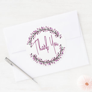 Dank je typografie chic paarse bladerenkrans ronde sticker