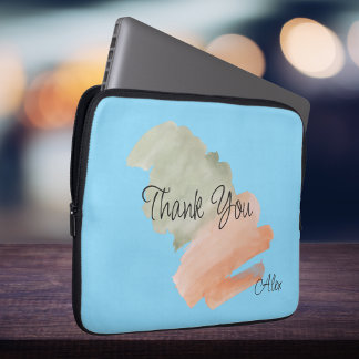 Dank je Waterverf Perzik en Groen Aangepaste Naam Laptop Sleeve