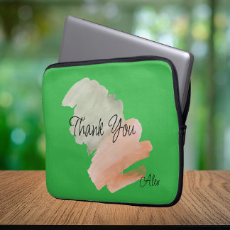 Dank je Waterverf Perzik en Groen Aangepaste Naam Laptop Sleeve