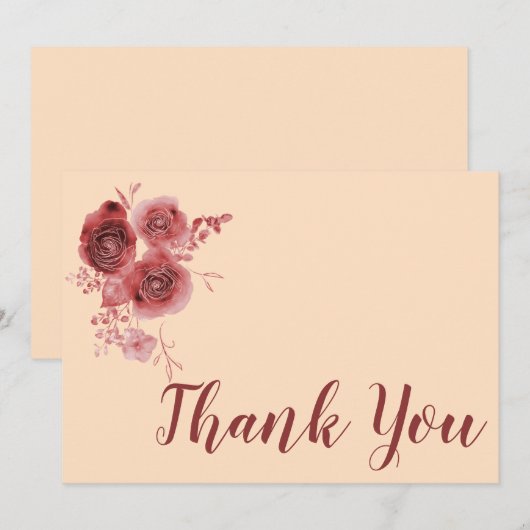 Dank je wel bordeauxrood bloemmotief bedankkaart (Voorkant / Achterkant)