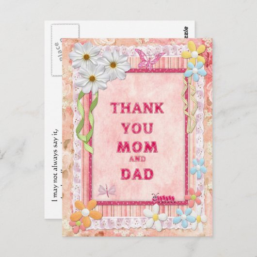 Dank je wel mama en papa, bloemen ambachtelijke ka briefkaart (Voorkant / Achterkant)