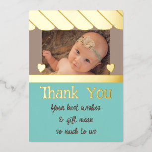 Dank je wel nieuwe babyspeelgoed bruine mint folie uitnodiging