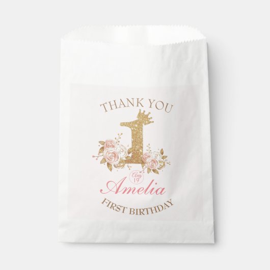 Dank je wel Roze Gouden Kroon Prinses 1e Verjaarda Bedankzakje (Voorkant)