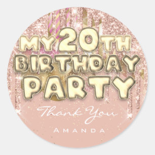 Dank Naam 20e Verjaardagsfeest Glitter Ballon Goud Ronde Sticker