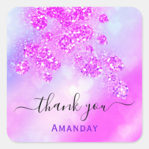 Dank Naam Holografisch Roze Bruids Harten Bloemen Vierkante Sticker