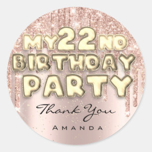 Dank Name 22e Verjaardagsfeest Glitter Drips Roos Ronde Sticker