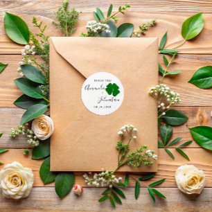 Dank Save The Date Naam Vierbladige Klaver Wit Ronde Sticker