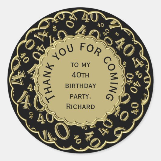 Dank u 40 Nummerpatroon Zwart en Goud Ronde Sticker (Voorkant)