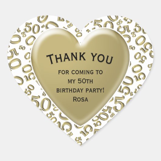 Dank u: 50 Nummerpatroon Wit en Goud Hart Sticker (Voorkant)
