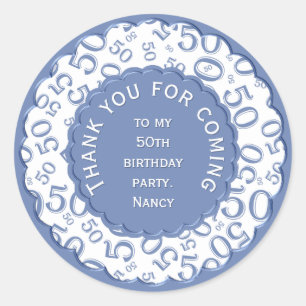 Dank u 50th Nummer Patroon Blauw en Wit Ronde Sticker
