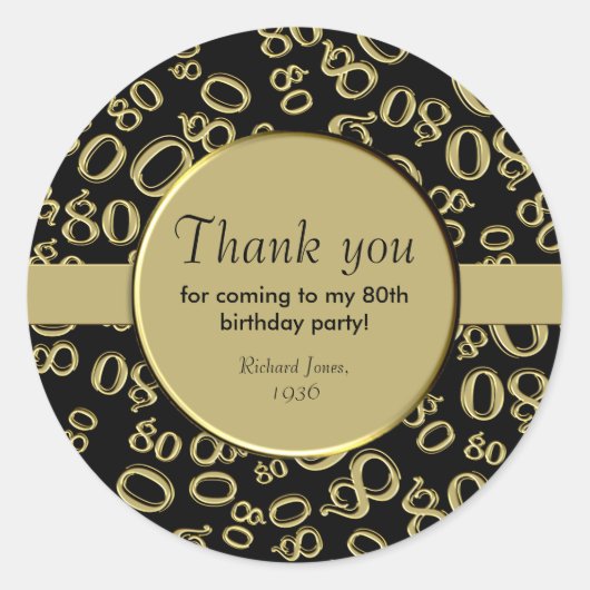 Dank u: 80th Nummerpatroon Goud en Zwart Ronde Sticker (Voorkant)
