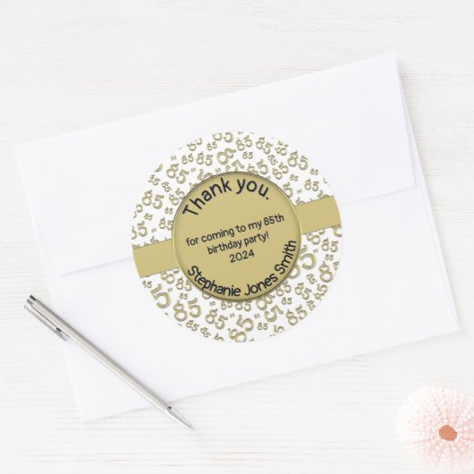 Dank u: 85e verjaardag Goud/Wit Getal Patroon Ronde Sticker (Envelop)
