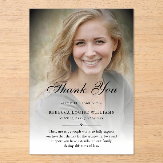 Dank u aangepaste begrafenis foto sympathie acryl uitnodigingen (Voorkant)