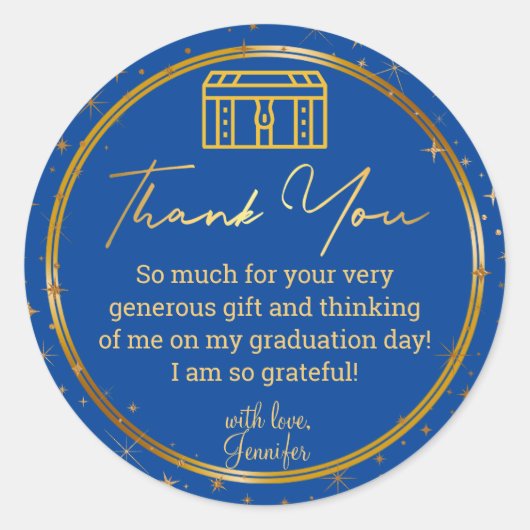 Dank u afstuderen Blauw Goud Trunk Sparkles Chique Ronde Sticker (Voorkant)
