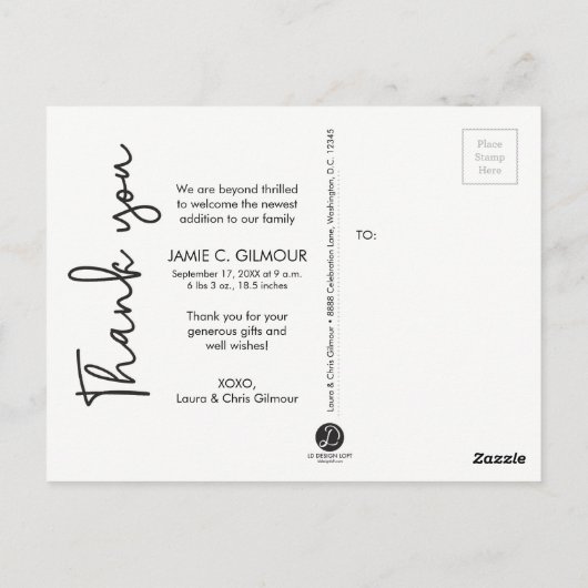 Dank u Baby | Tekst voor script Briefkaart (Achterkant)