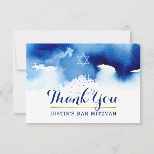 DANK U BAR MITZVAH modern sterrenblauw waterverf Bedankkaart (Voorkant)