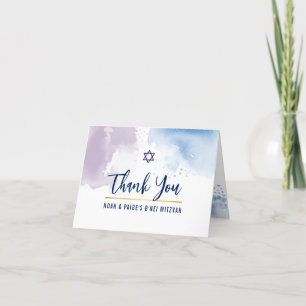 DANK U BAR MITZVAH ster blauw paarse waterverf Bedankkaart