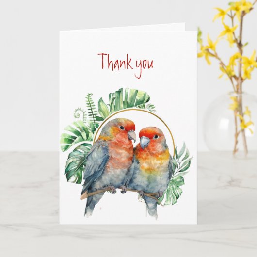 Dank u Bedankt Kleurrijke Papegaaien Tortelduifjes Kaart (Gele Bloem)