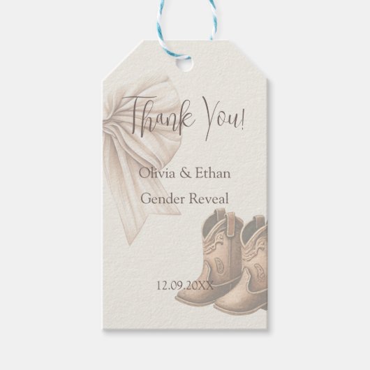 Dank u beige laarzen of bogen geslacht onthullen cadeaulabel (Voorkant)