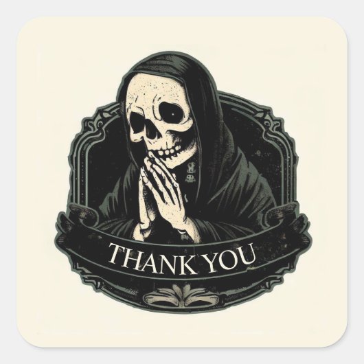 'DANK U - BIDDENDE SCHEDEL' VIERKANTE STICKER (Voorkant)
