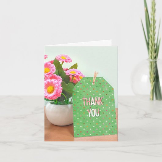 dank u - bloem pot met polka stip label bedankkaart (Voorkant)