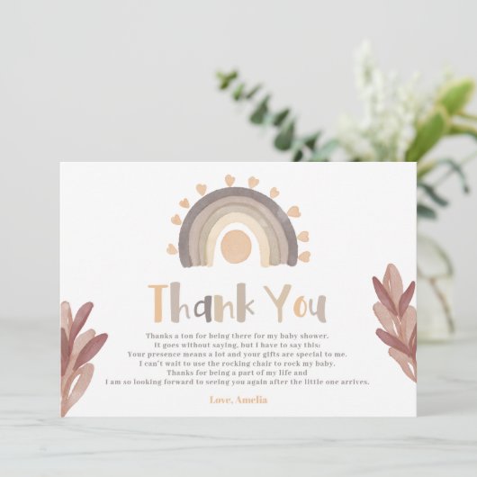 Dank u boho regenboog zonneschijn baby shower bedankkaart (Staand voorkant)