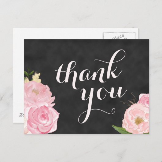 Dank u briefkaart | krijtbord roze bloemen (Voorkant / Achterkant)