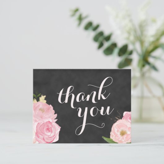 Dank u briefkaart | krijtbord roze bloemen (Staand voorkant)