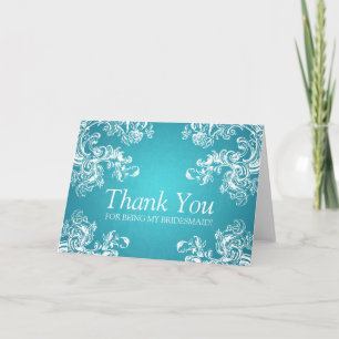 Dank u bruidsmeisje wervelingen 2 turquoise bedankkaart