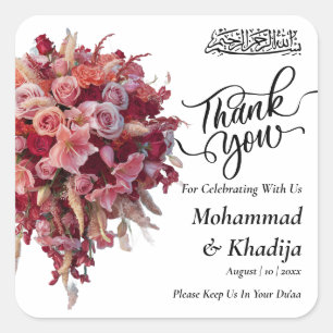 Dank u bruiloft boeket bloem Nikah Walima Vierkante Sticker