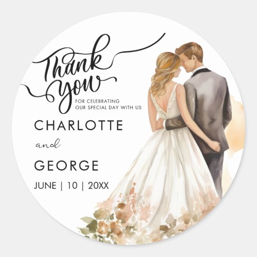 Dank u bruiloft bruid bruidegom terug Waterverf kl Ronde Sticker (Voorkant)