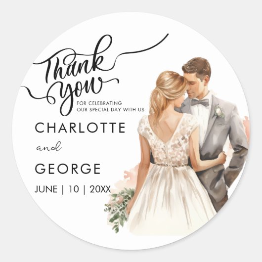 Dank u bruiloft bruid bruidegom terug Waterverf Ronde Sticker (Voorkant)