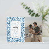 Dank u bruiloft Chintz Blauw & Wit Bloemen Foto Bedankkaart (Staand voorkant)