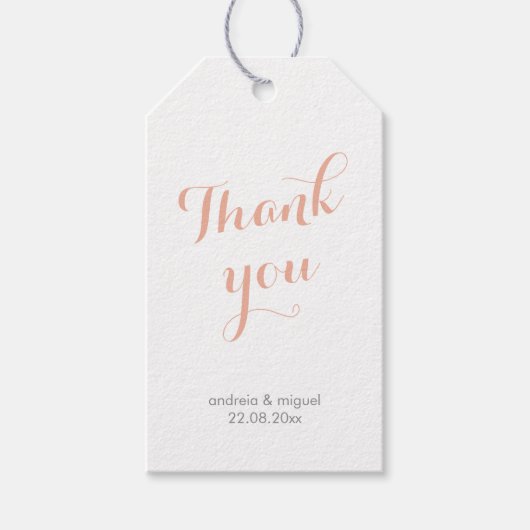 Dank u bruiloft kalligrafie script koraal grijs cadeaulabel (Voorkant)