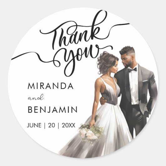 Dank u bruiloft zwarte bruid bruidegom Waterverf Ronde Sticker (Voorkant)