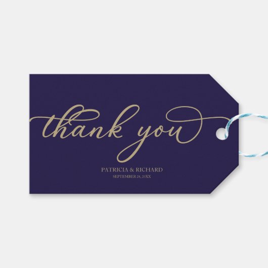 Dank u - Chic Goud Script Marine Blauw Bruiloft Cadeaulabel (Voorkant (Horizontaal))