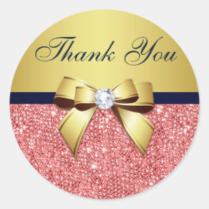 Dank u Coral Sequins Gold Navy Diamonds Bow Ronde Sticker